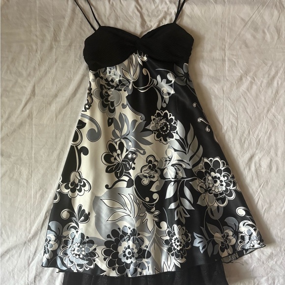 Floral Black and White Spaghetti Strap Dress - Picture 1 of 8